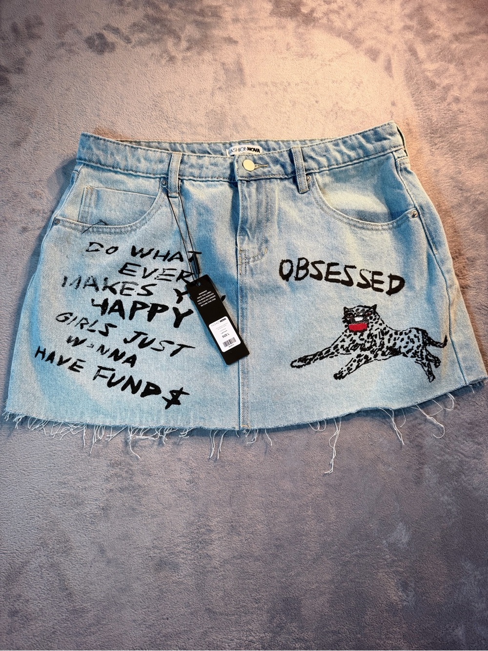 Fashion Nova Light Blue Denim Mini Skirt with Black Graphic Text